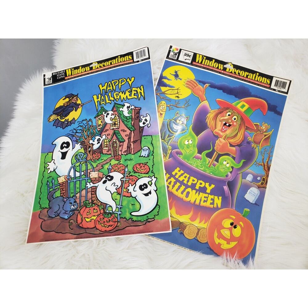 Vintage Window Color Clings‎ Decor Witch Bats Pumpkin Haunted House Lot